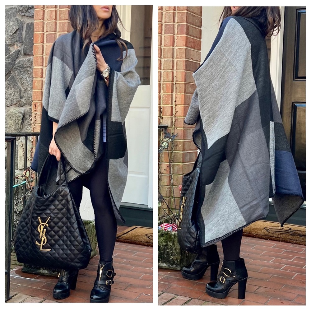 17 Fall/Winter Oversized Color Block Boho Poncho Shawl - Picture 2 of 9